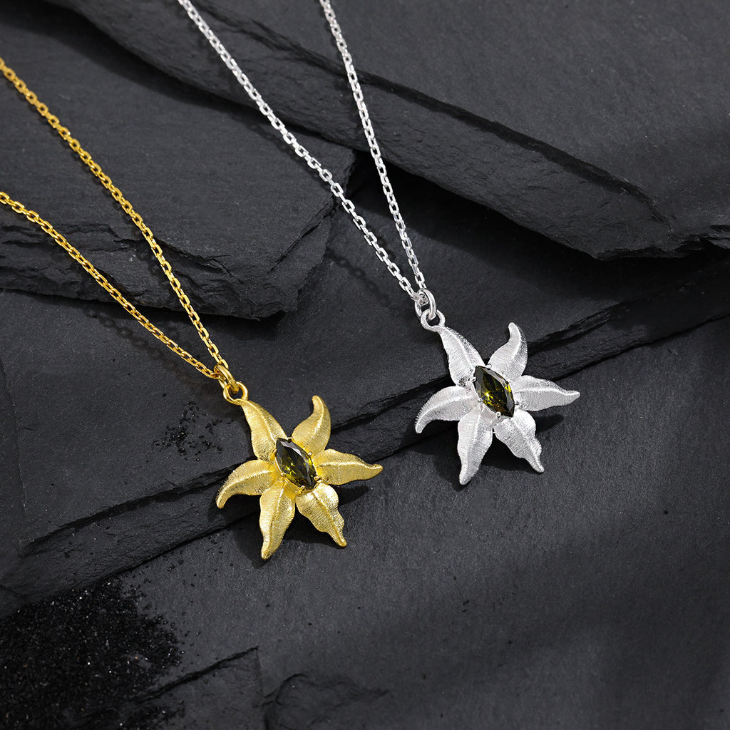 Starfish Design Natural Peridot 925 Sterling Silver Necklace Delicate Unique Style Sea-Inspired Jewelry Pendant