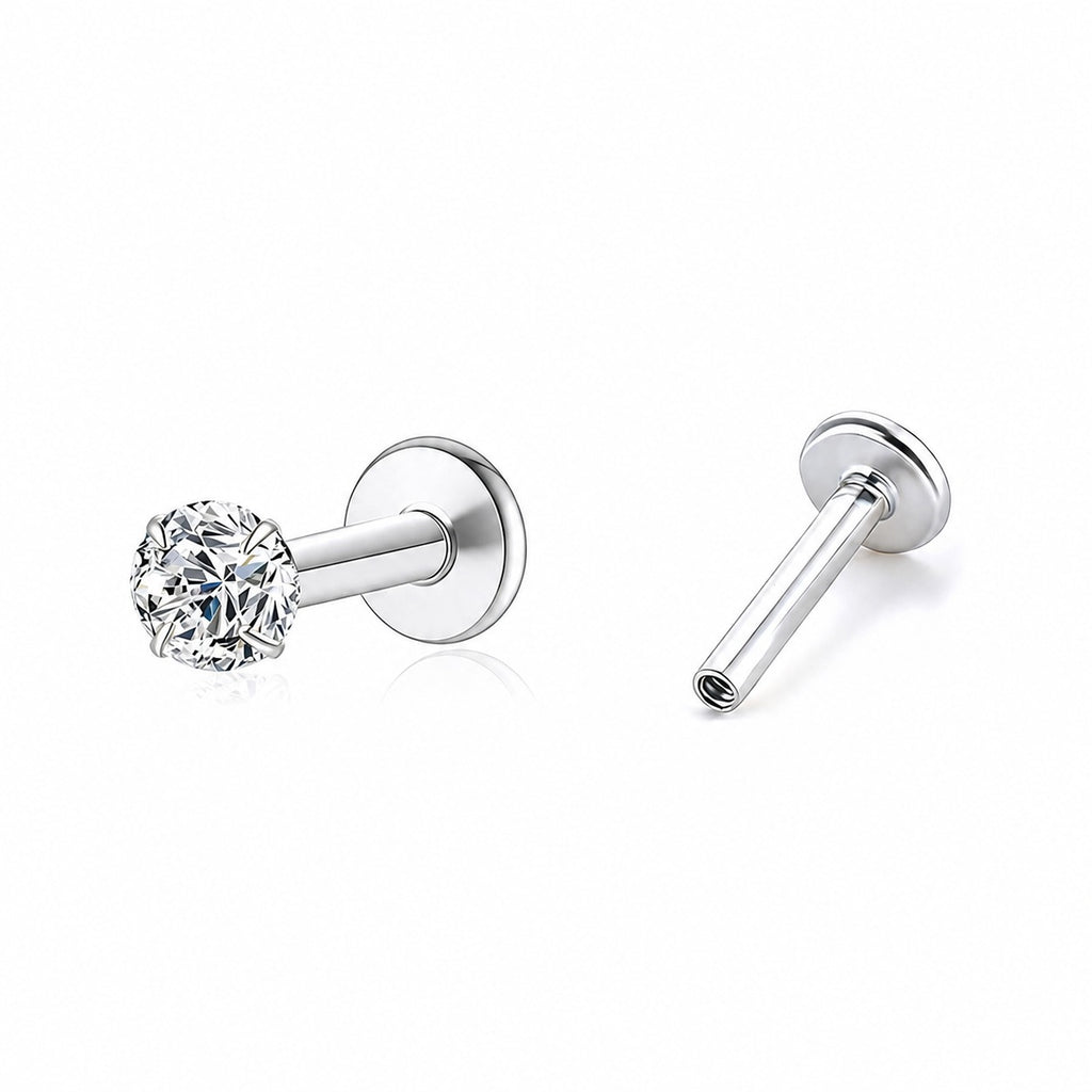 Round Clear Cubic Zirconia Four Prong 925 Sterling Silver Minimalist Modern Cartilage Helix Tragus Piercing Stud Earring(Single)