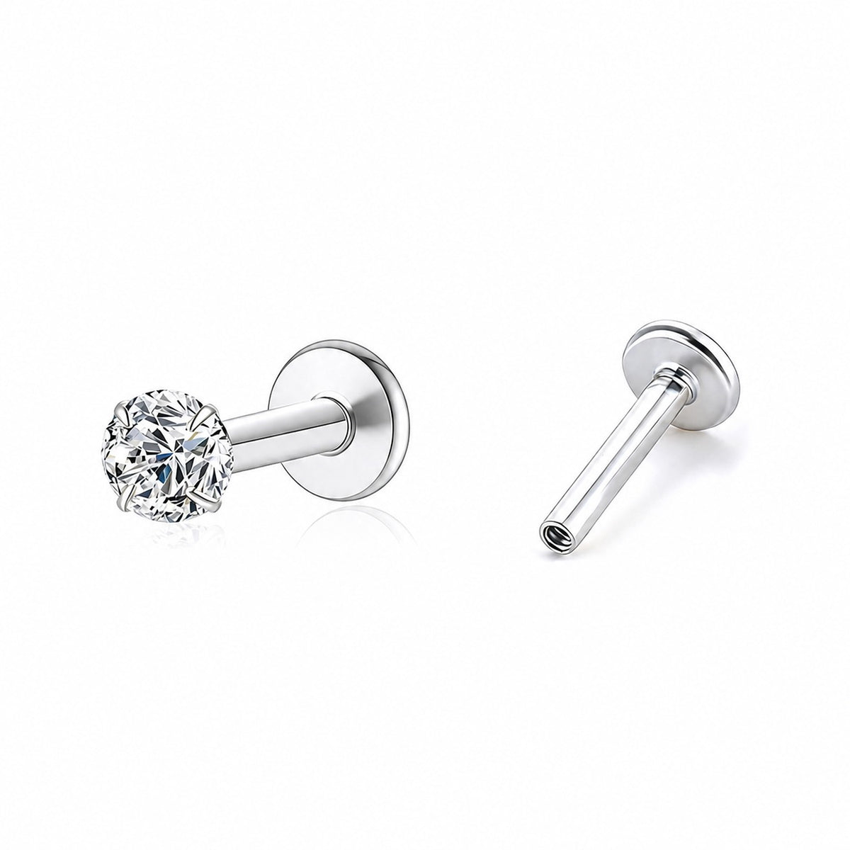 Round Clear Cubic Zirconia Four Prong 925 Sterling Silver Minimalist Modern Cartilage Helix Tragus Piercing Stud Earring(Single)