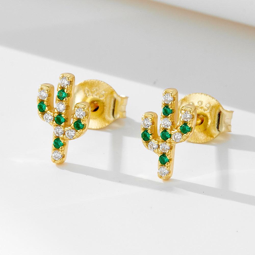 Pendientes de cactus con circonia cúbica verde y transparente en plata de ley 925