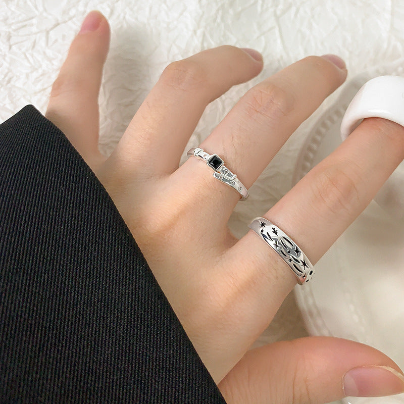 Holiday Black Star Moon Graffiti 925 Sterling Silver Adjustable Satcker Ring