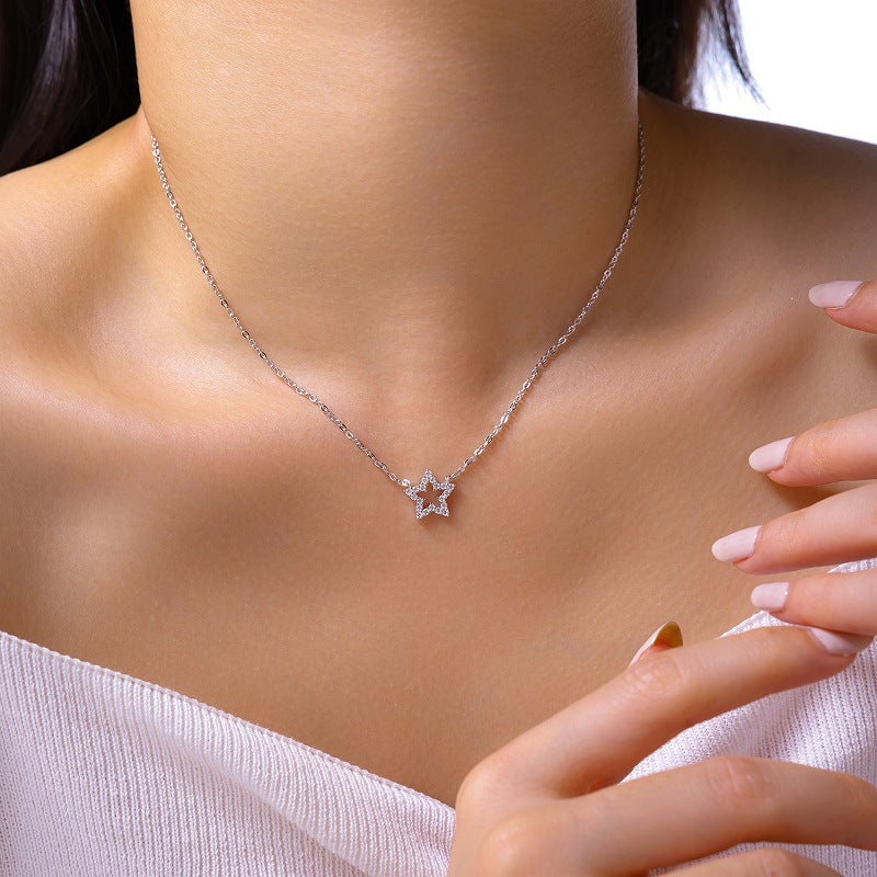 Elegant Star and Crescent Moon Moissanite 925 Sterling Silver Pendant Necklace