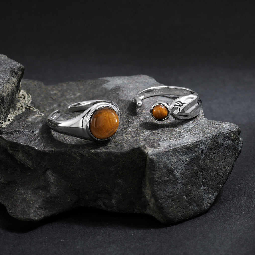 Natural Tiger's Eye 925 Sterling Silver Natural Stone Adjustable Open Band Wide Rimmed Leaf-Shaped Twisted Ring