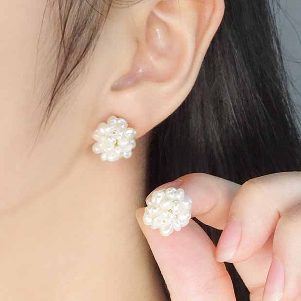 Beautiful Natural Pearls Fireworks Ball 925 Sterling Silver Stud Earrings