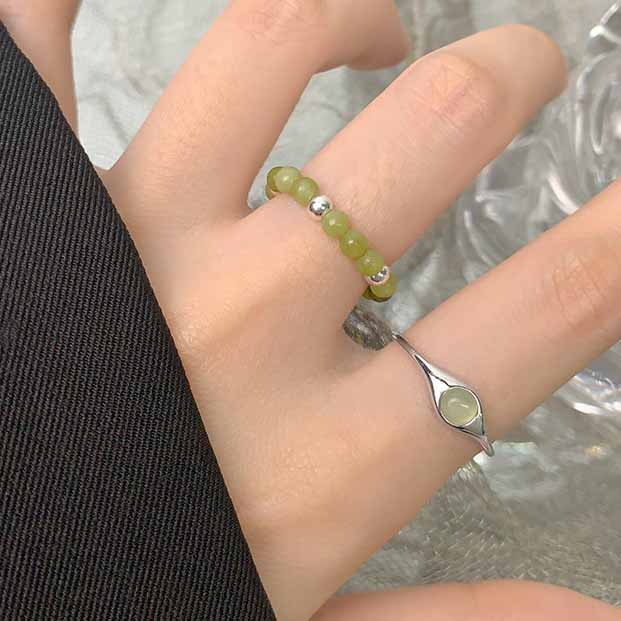 Simple Round Green Crystal 925 Sterling Silver Adjustable Ring