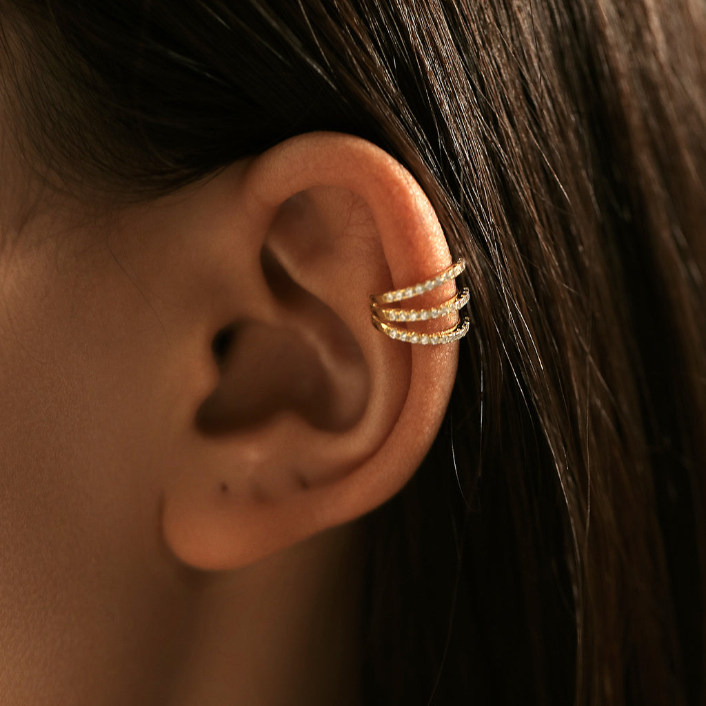 Geometric Design U-Shaped Adjustable Ear Cuff Earrings with Micro Setting Cubic Zirconia in 925 Sterling Silver and Gold Plating for Women Fashion Jewelry