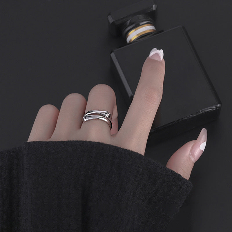 Romantic Korean Style Hug Design Adjustable 999 Pure Silver Couple Ring Vintage Geometric Pattern for Women 2021 New Fashion Jewelry Gift
