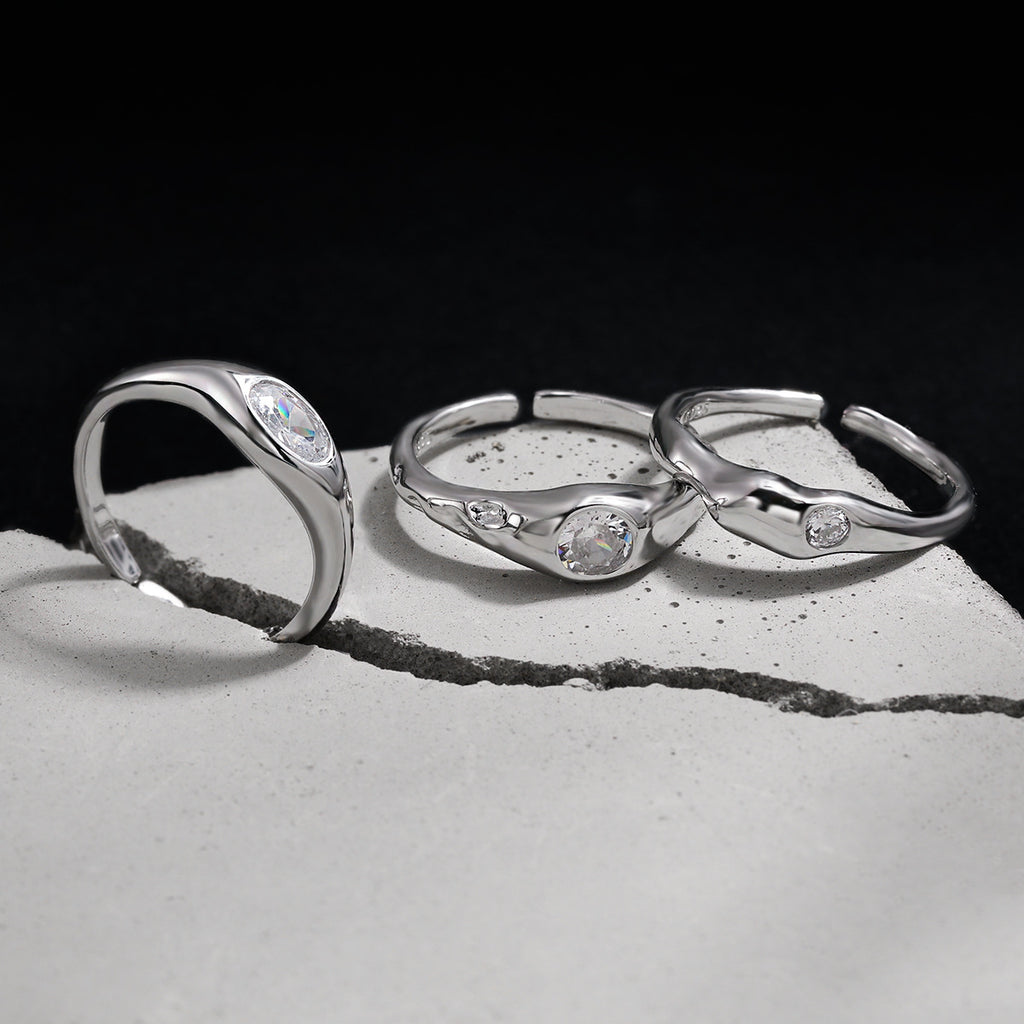 Cubic Zirconia Geometric Oval and Round Setting  925 Sterling Silver Adjustable Open Band Minimalist Wavy Ring