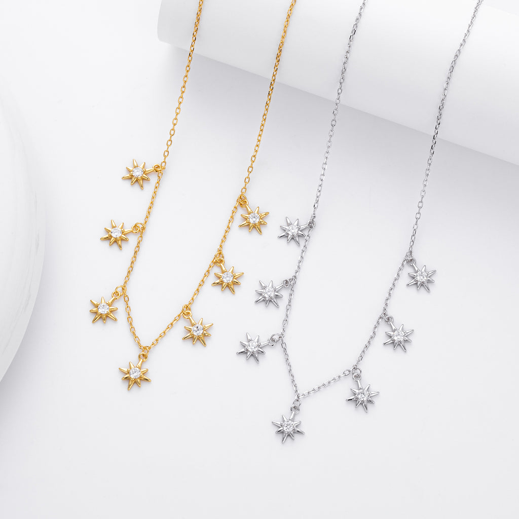 Elegant Women Adjustable Chain Star Design Cubic Zirconia 925 Sterling Silver Necklace