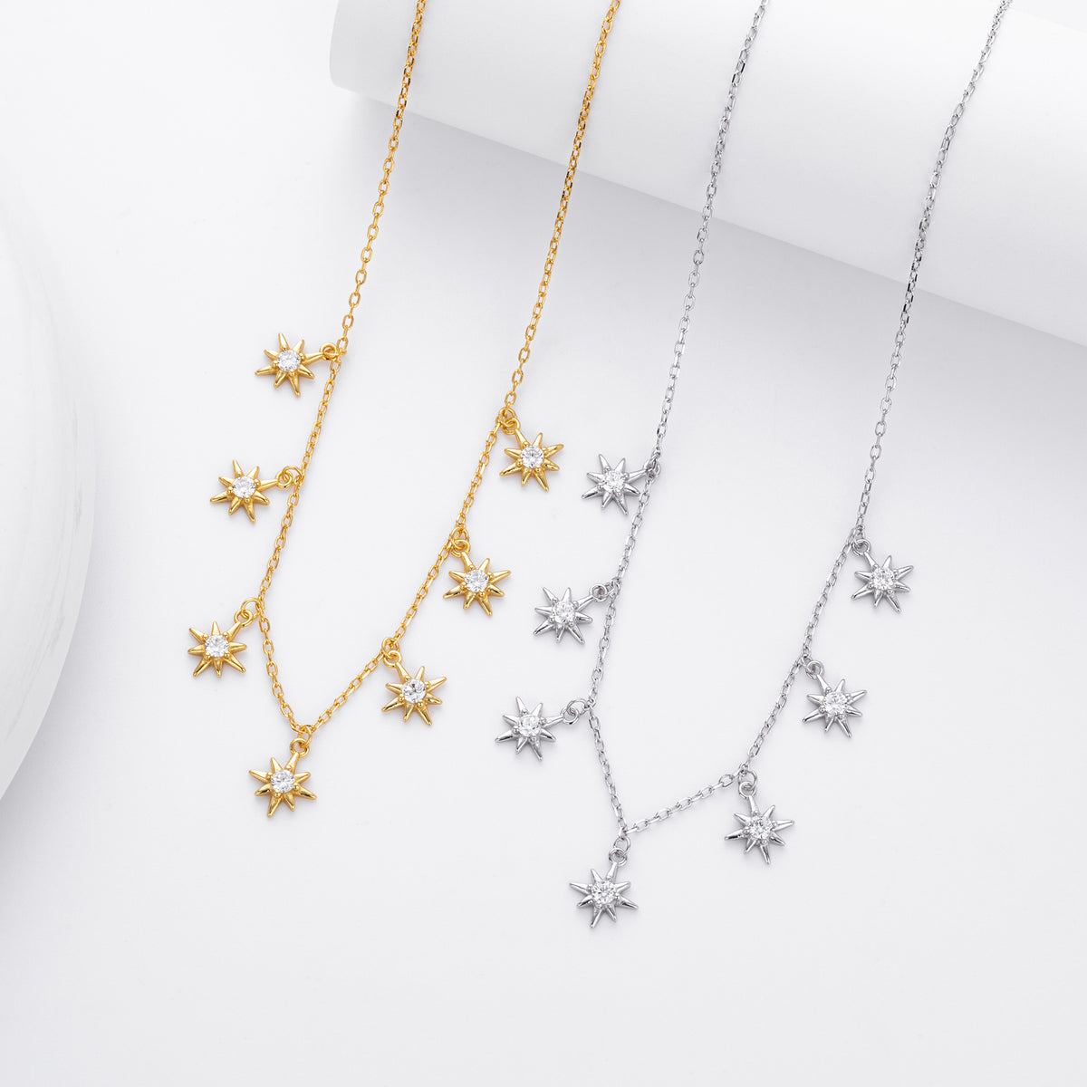 Elegant Women Adjustable Chain Star Design Cubic Zirconia 925 Sterling Silver Necklace