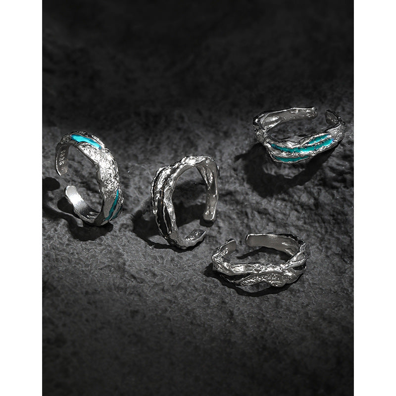 Irregular Textured Geometric Teal And Black Enamel Pure Metal 925 Sterling Silver Adjustable Open Ring