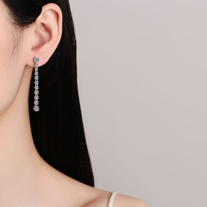 Elegant Long Tassel Moissanite Silver Earrings Fashionable Geometric Design 925 Sterling Silver Drop Earrings for Women with High Quality Electroplating