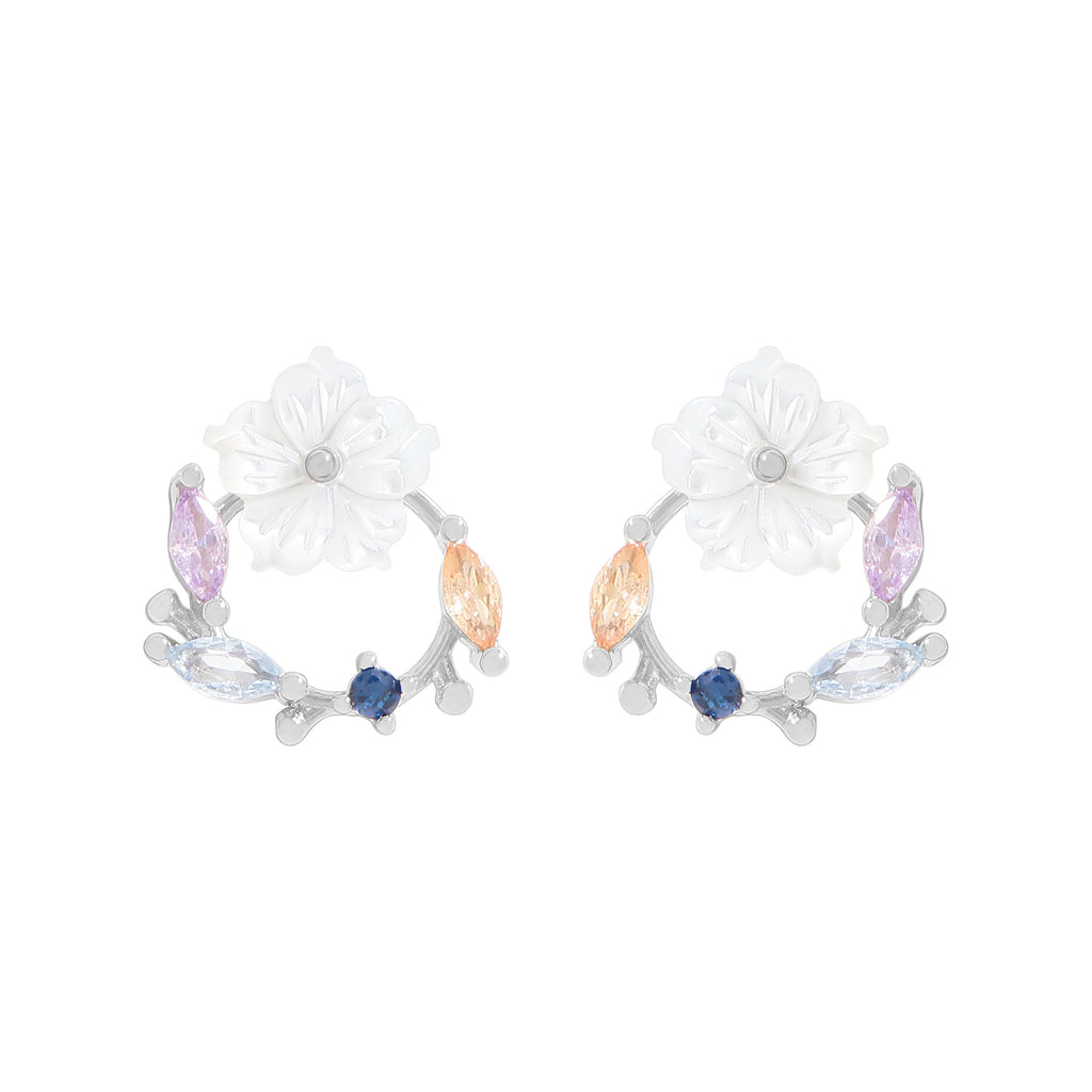 Beautiful Shell Flower CZ Garland 925 Sterling Silver Stud Earrings