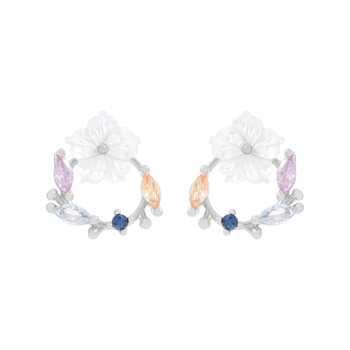 Beautiful Shell Flower CZ Garland 925 Sterling Silver Stud Earrings