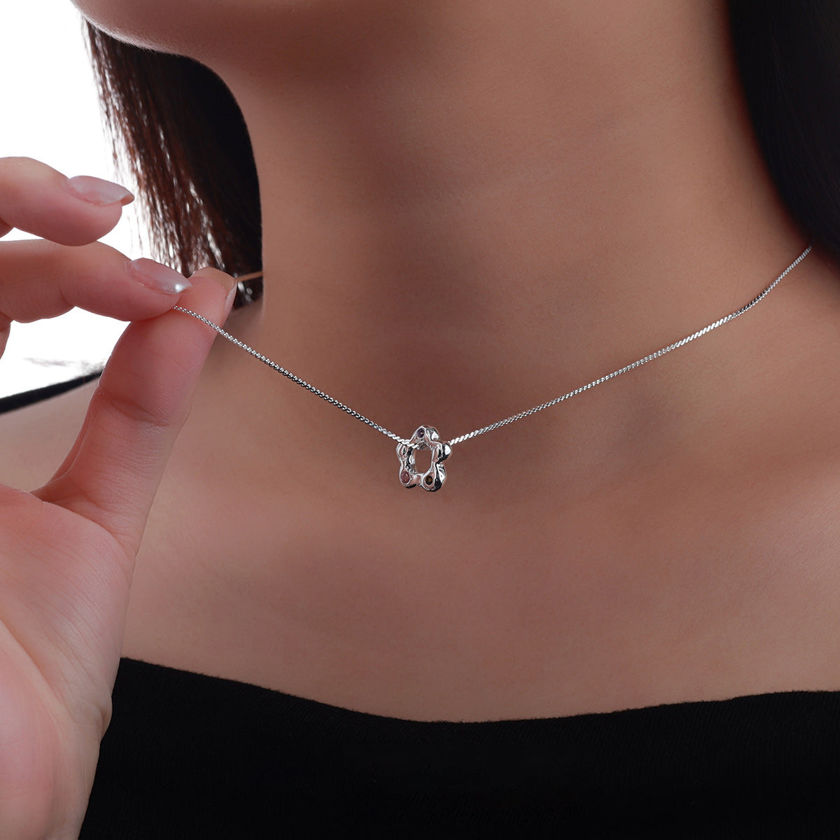 Wrinkled Color-Contrast Flower Pendant S925 Sterling Silver Trendy Fashion Artisan Charm