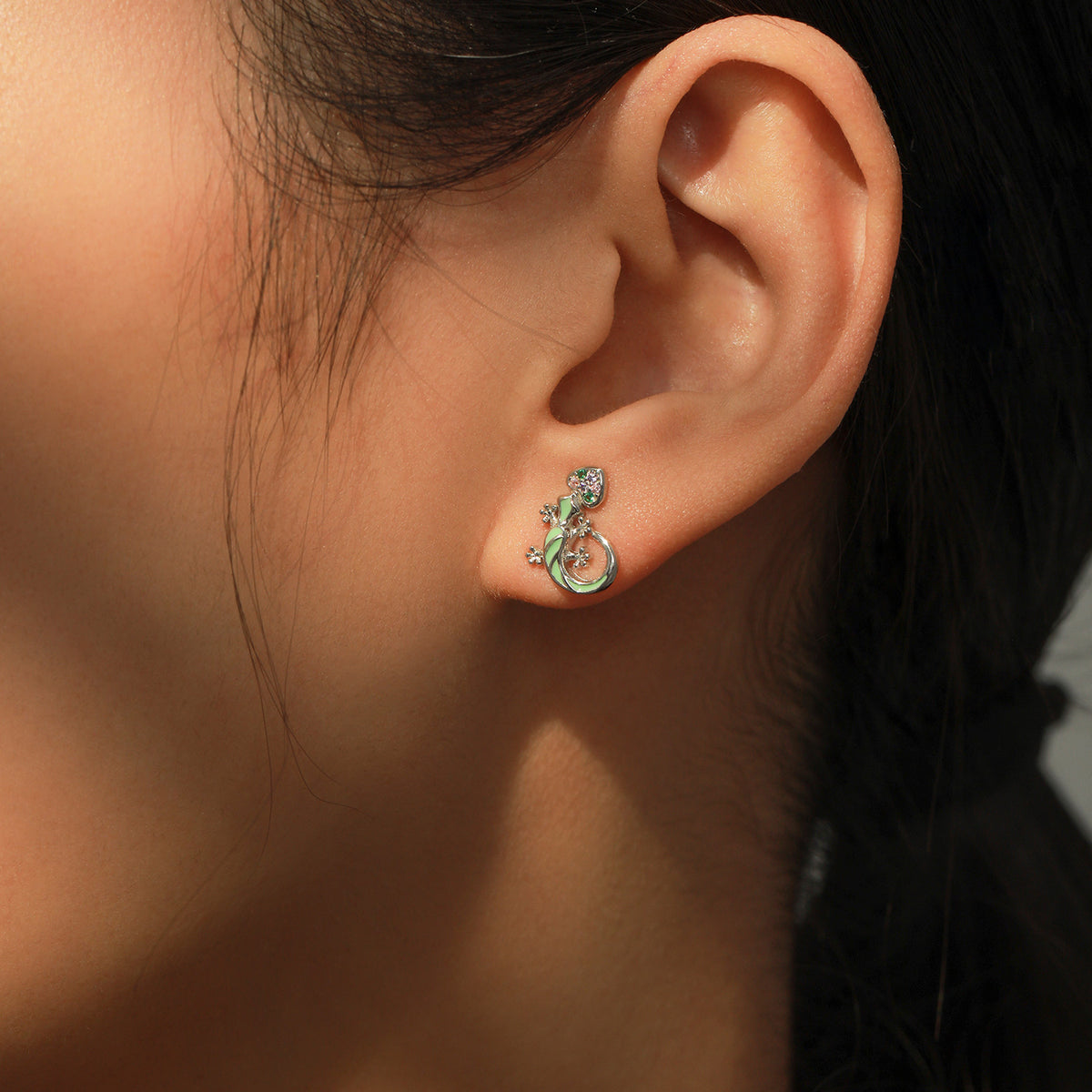 Rainbow Cube Zirconium Blue Mint Green Enamel Lizard-shaped 925 Silver Earrings