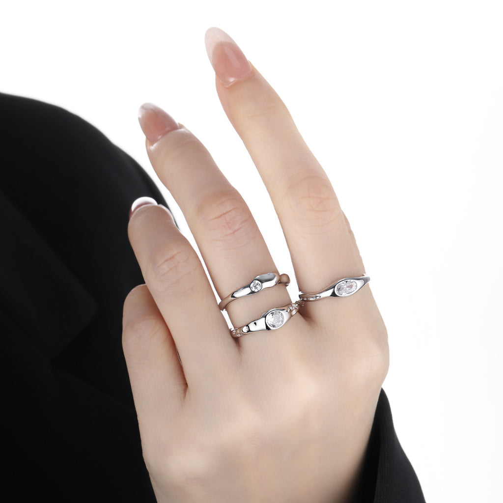 Cubic Zirconia Geometric Oval and Round Setting  925 Sterling Silver Adjustable Open Band Minimalist Wavy Ring