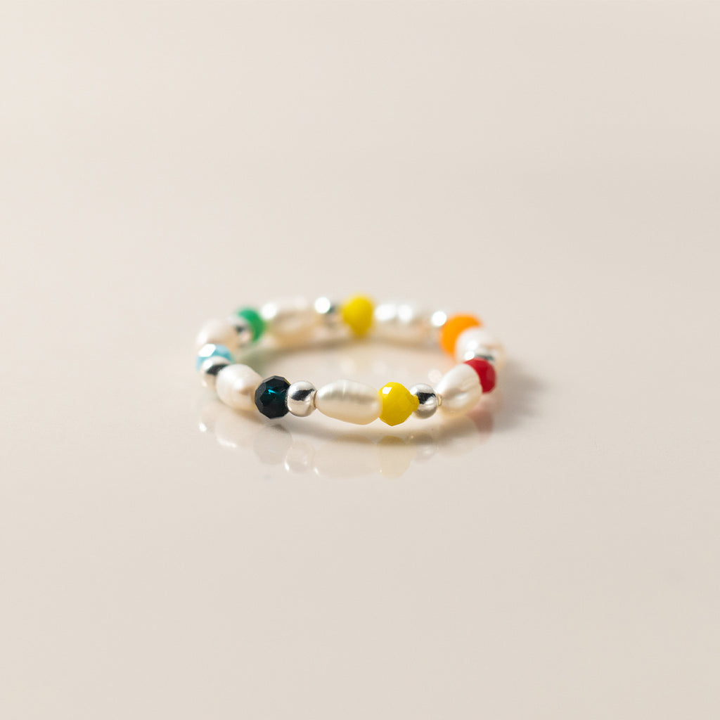 Irregular Pearl Multicolor Synthetic Crystal Elastic Beaded  S925 Silver Ring