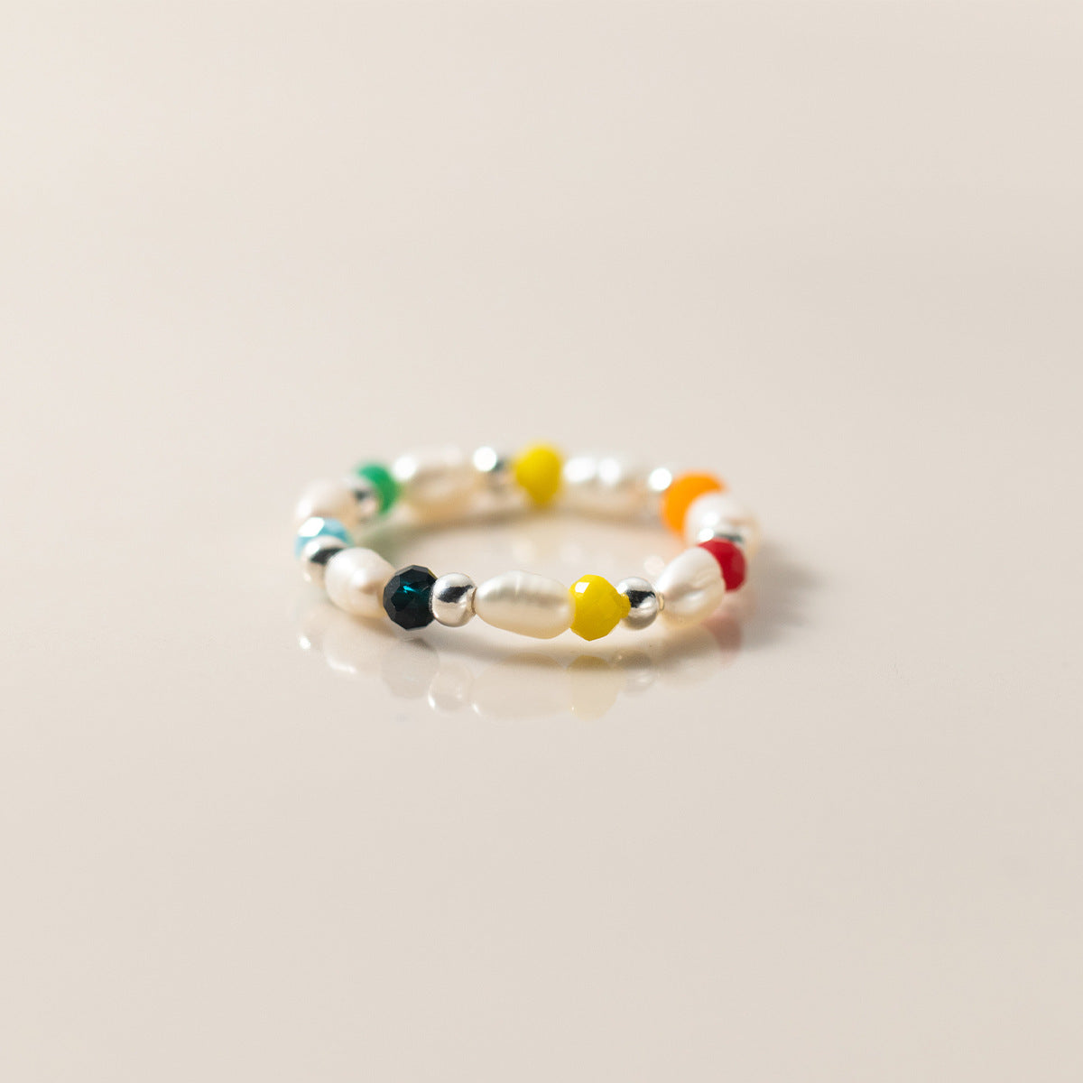 Irregular Pearl Multicolor Synthetic Crystal Elastic Beaded  S925 Silver Ring