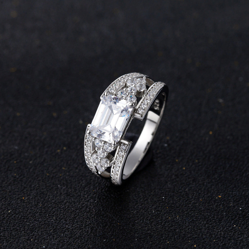 White Emerald Cut High Carbon Cubic Zirconia Geometric Double Band Side Cluster 925 Sterling Silver Ring