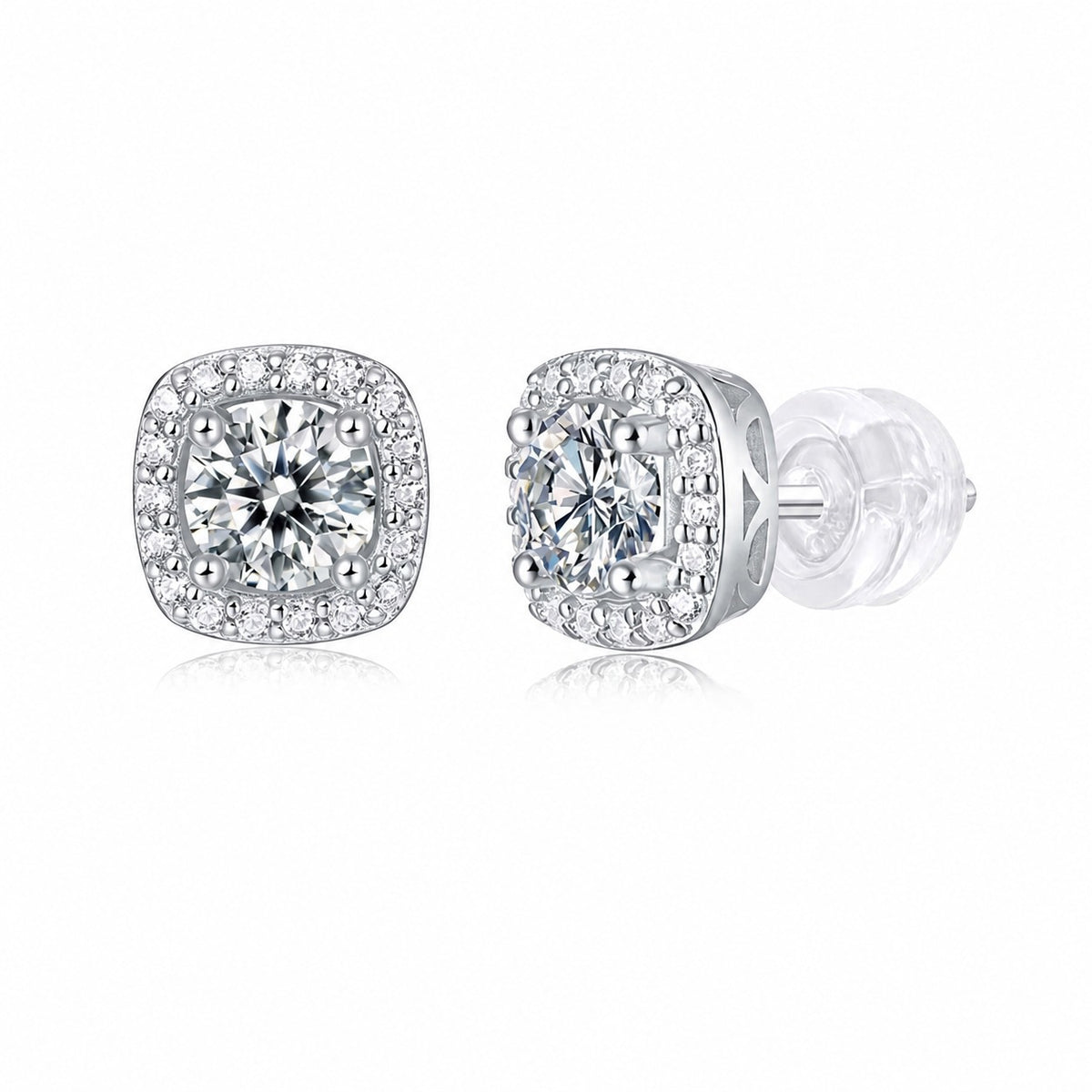 Square Cushion Halo Moissanite White 925 Sterling Silver Geometric Ear Stud Earrings