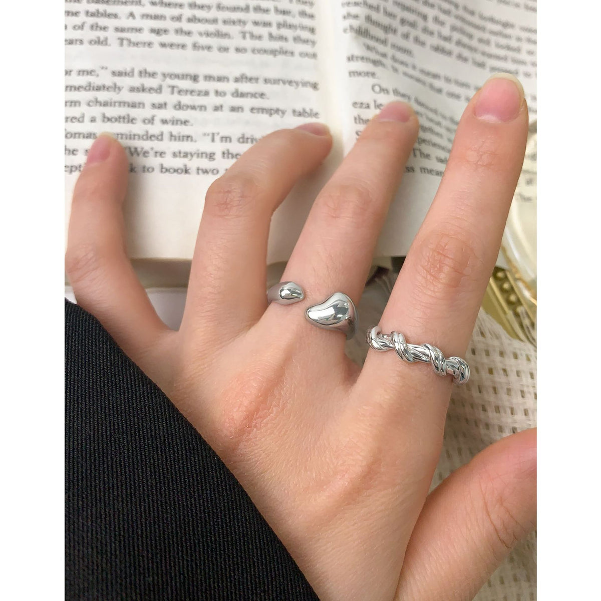 Elegant Geometric Design Pure Metal 925 Sterling Silver Adjustable Open Ring