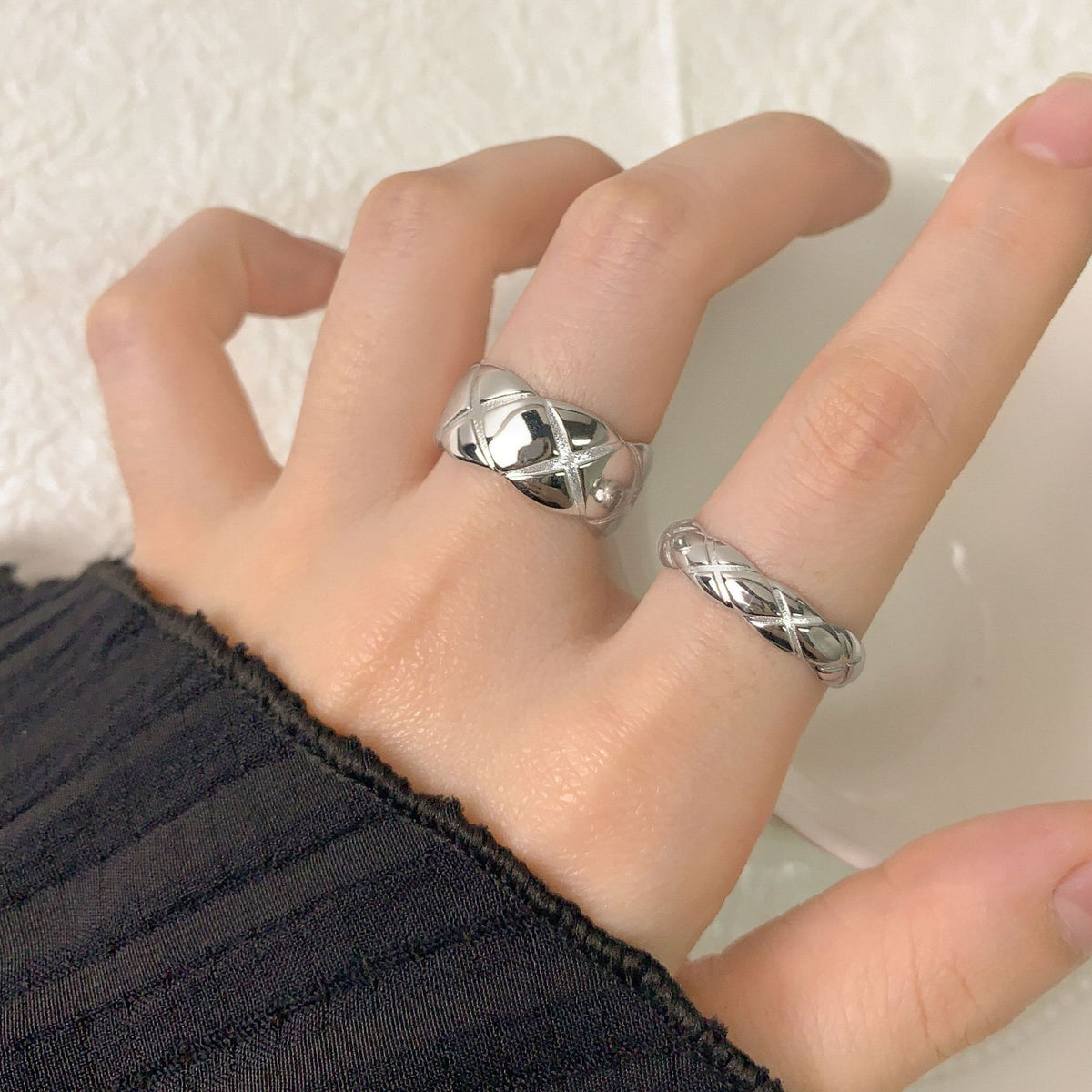 Lady Elegant Quilting 925 Sterling Silver Wave Adjustable Ring