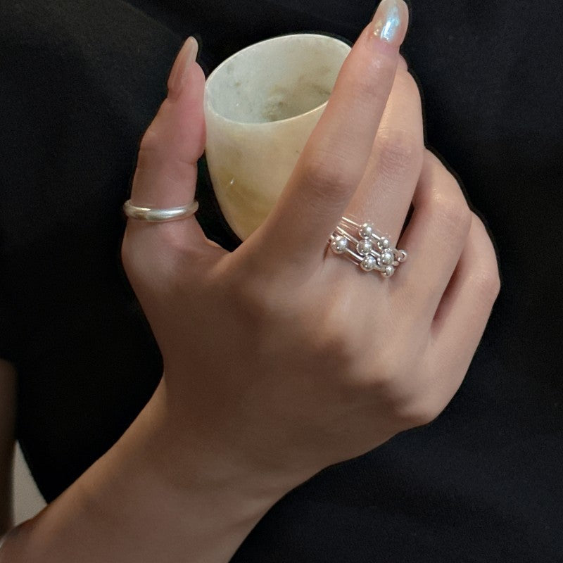 Graduation Multi Beads Layers 925 Sterling Silver Adjustable Ring