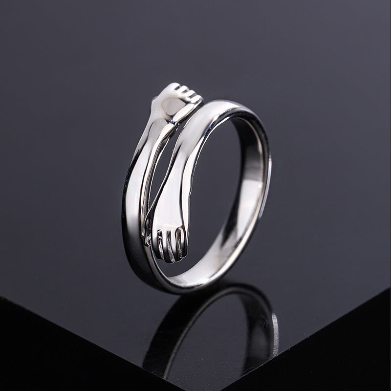 Romantic Korean Style Hug Design Adjustable 999 Pure Silver Couple Ring Vintage Geometric Pattern for Women 2021 New Fashion Jewelry Gift