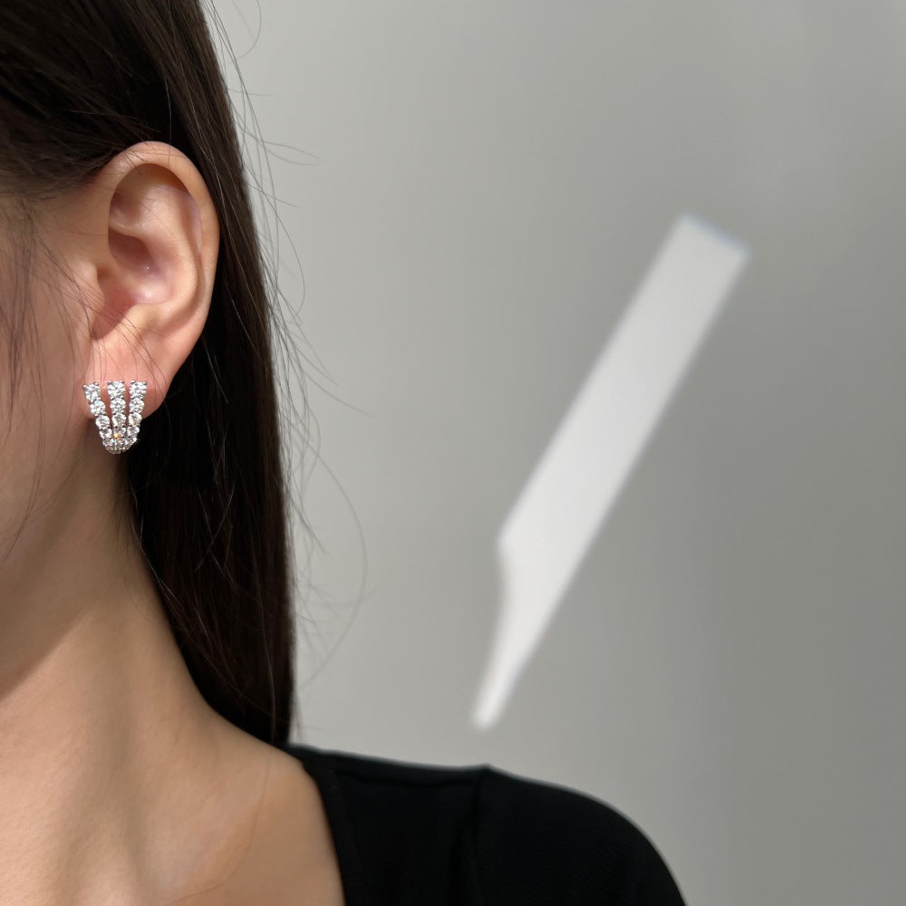 Office Micro Setting CZ Three Claws 925 Sterling Silver Hoop Earrings