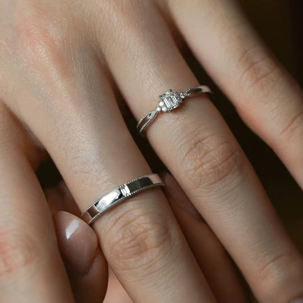 Chic Timeless Square Zircon Matching Bands for Men Women Silver S925 Sterling Silver Pair Couple Rings