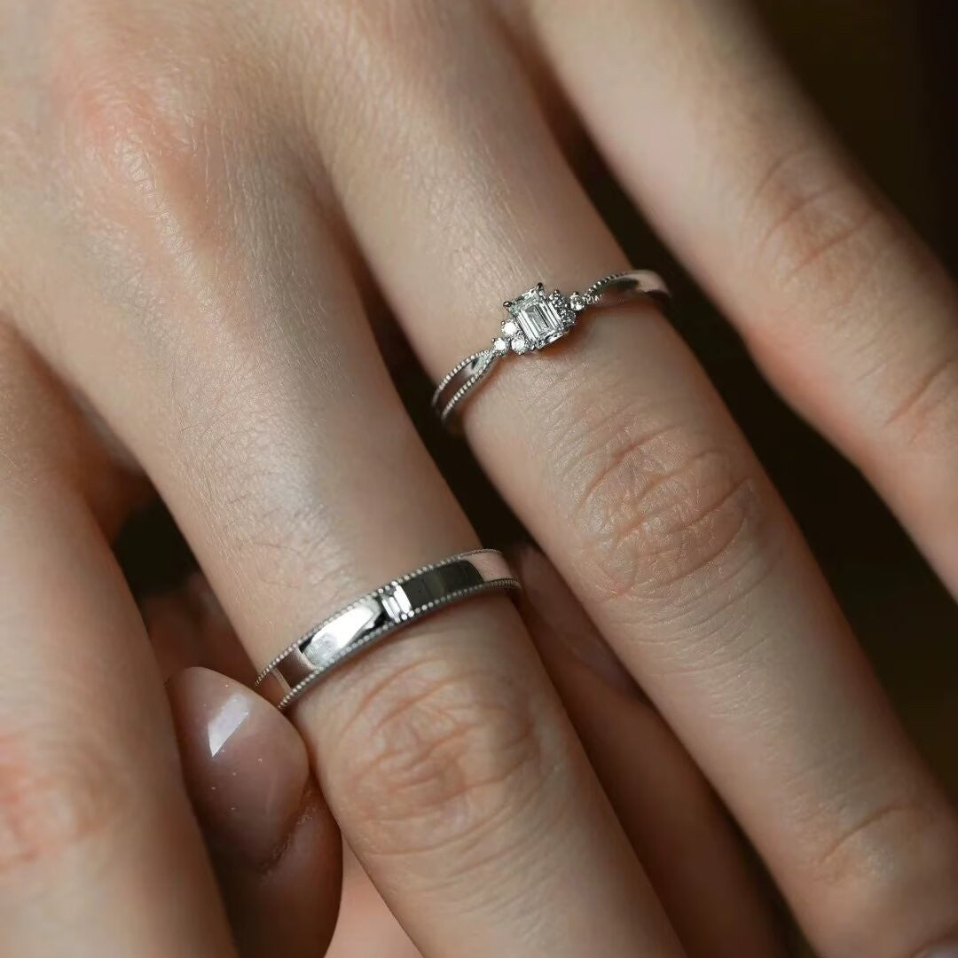 Chic Timeless Square Zircon Matching Bands for Men Women Silver S925 Sterling Silver Pair Couple Rings