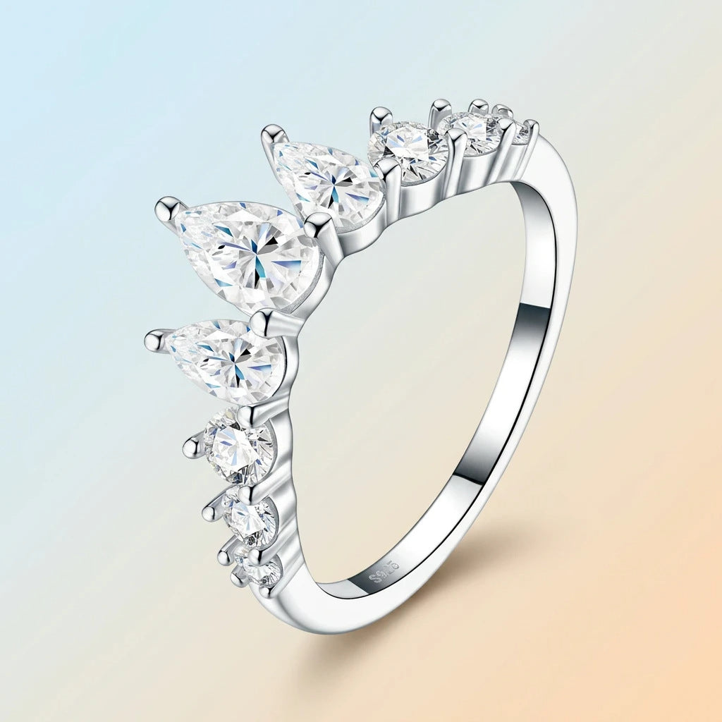 Anillo minimalista de corona con ola y perla de moissanita en plata esterlina 925