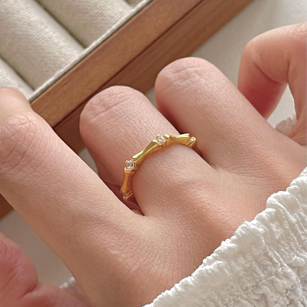Simple Irregular CZ Camboo Joint 925 Sterling Silver Adjustable Ring