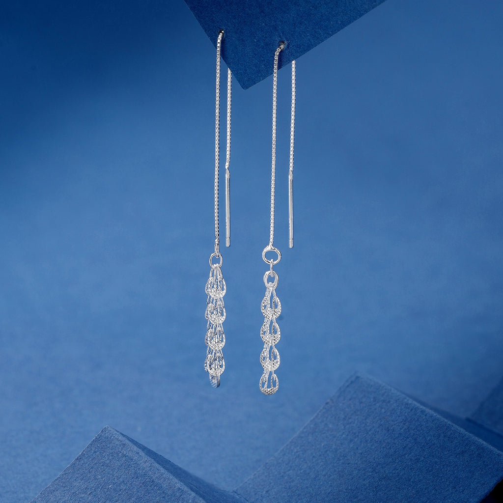 Elegant Long Chain Tassel Cubic Zirconia in 925 Sterling Silver Tassel Feather Threader Earrings
