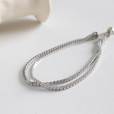 Double Layer Cubic Zirconia Geometric S925 Sterling Silver Adjustable Bracelet