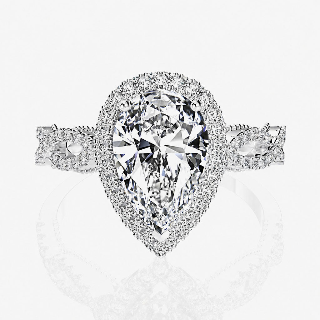 Anillo de halo con forma de lágrima de diamante blanco, banda bifurcada y piedras laterales de talla marquesa, anillo de boda de plata de ley 925, regalo de aniversario