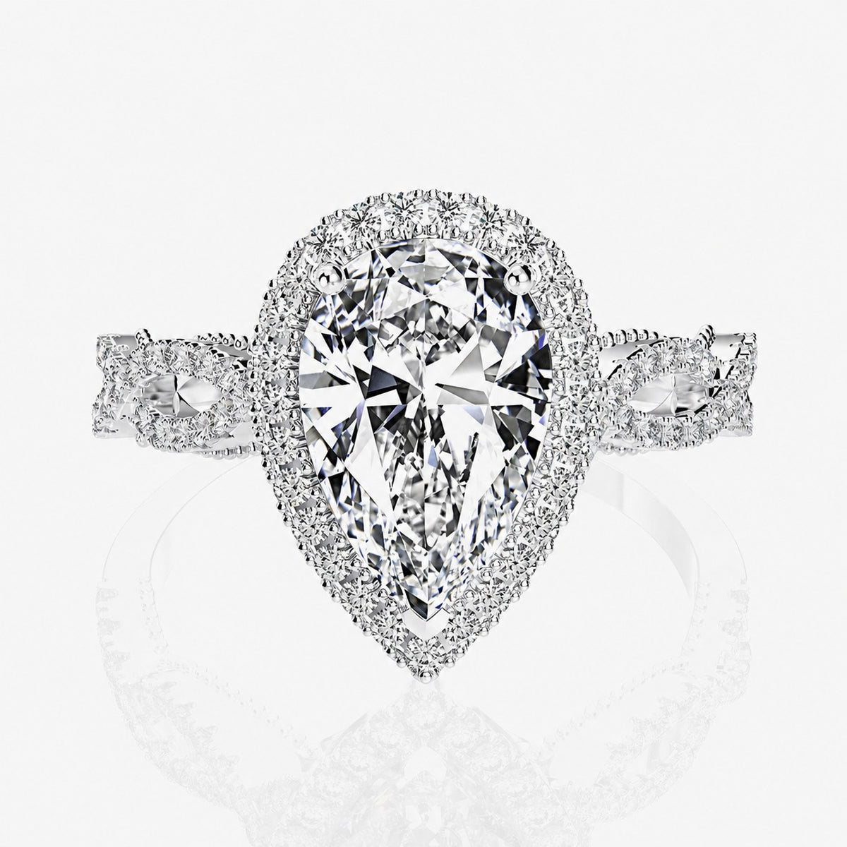 Anillo de halo con forma de lágrima de diamante blanco, banda bifurcada y piedras laterales de talla marquesa, anillo de boda de plata de ley 925, regalo de aniversario