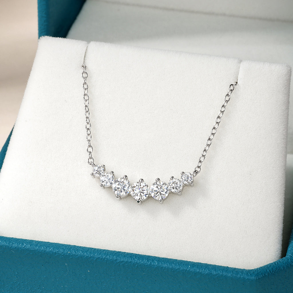 Round Moissanite Cluster-Set Curved Bar 925 Sterling Silver Necklace