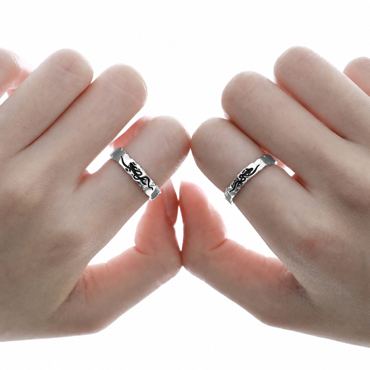Pisces Chasing the Waves  S925 Sterling Silver Adjustable Couple's Ring Set with Black Enamel Openwork Rings