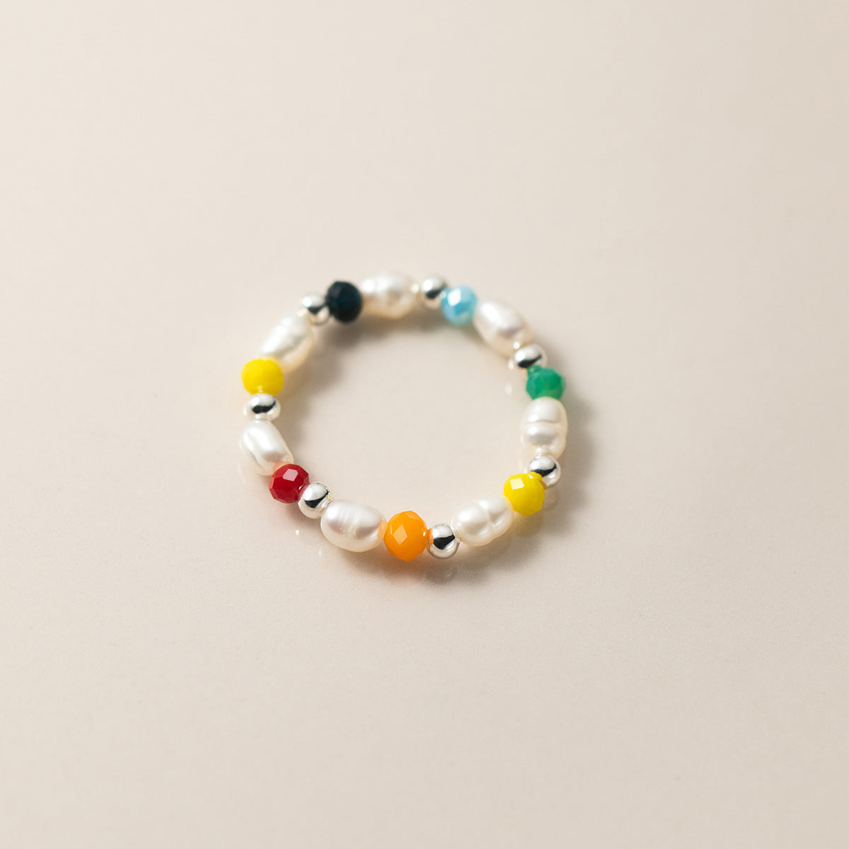 Irregular Pearl Multicolor Synthetic Crystal Elastic Beaded  S925 Silver Ring