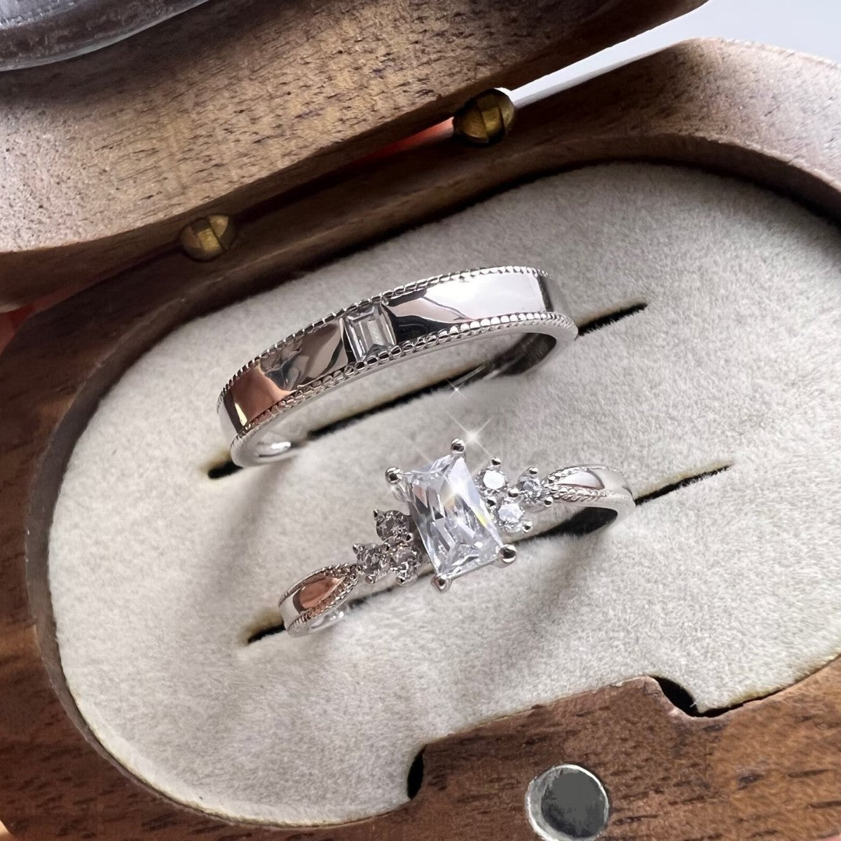 Chic Timeless Square Zircon Matching Bands for Men Women Silver S925 Sterling Silver Pair Couple Rings
