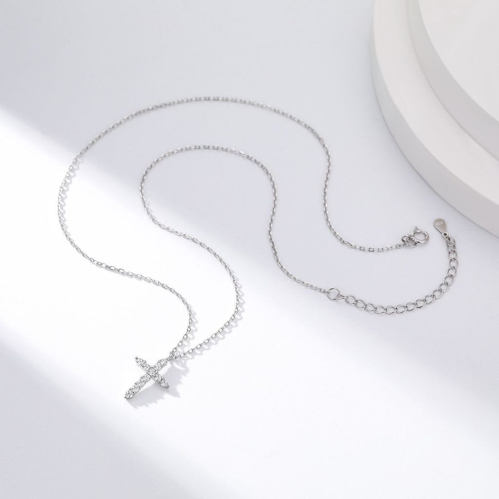 Religious Jewelry  925 Sterling Silver Adjustable Chain Cubic Zirconia Cross Pendant Necklace