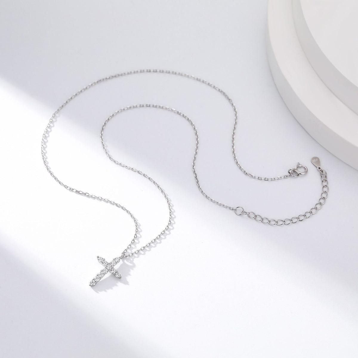 Religious Jewelry  925 Sterling Silver Adjustable Chain Cubic Zirconia Cross Pendant Necklace