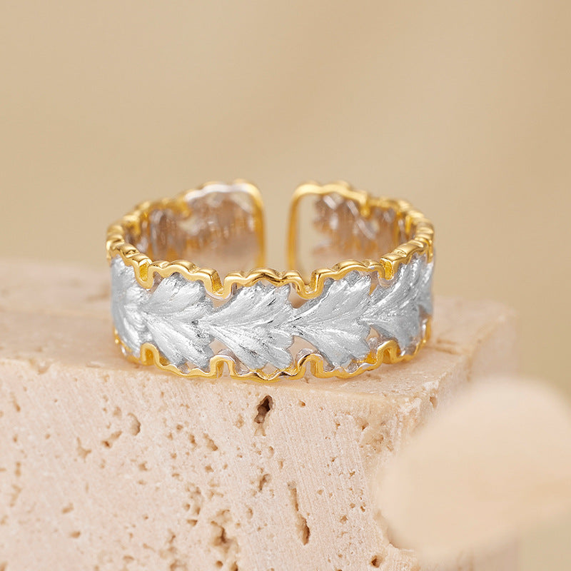 Elegant Maple Leaf Design 18K Gold Plating 925 Sterling Silver Adjustable Open Ring