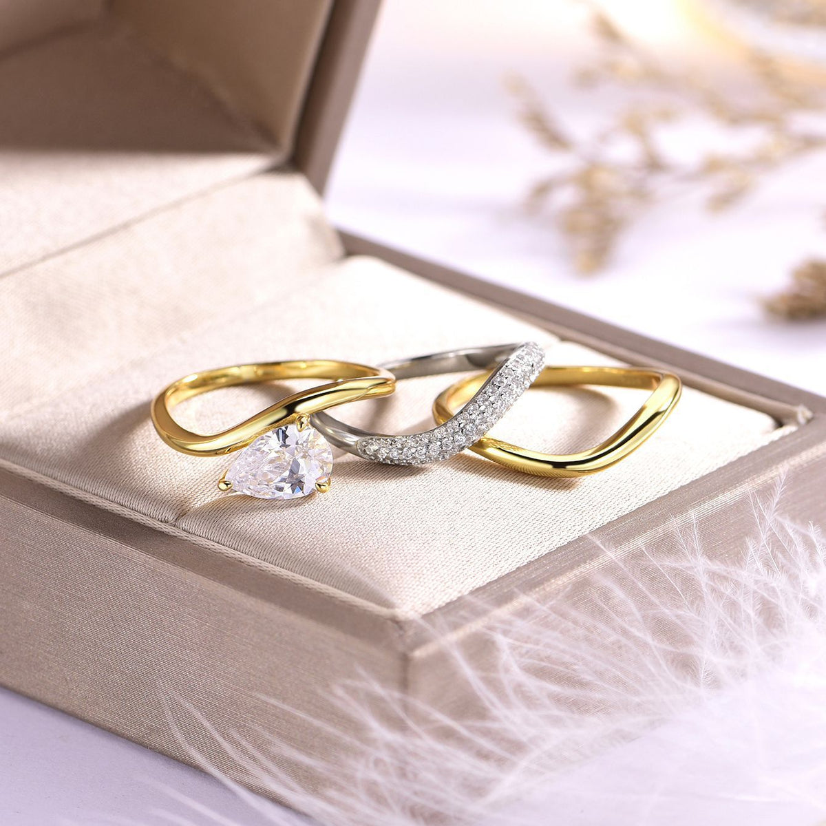 Three Piece Teardrop Shaped Cubic Zirconia Set Stackable 925 Sterling Silver Rings
