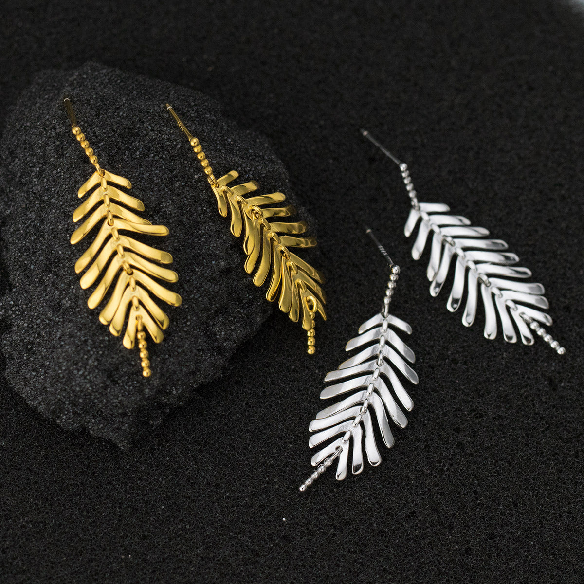 Leaf Shape Pure Metal S925 Sterling Silver Drop Earrings