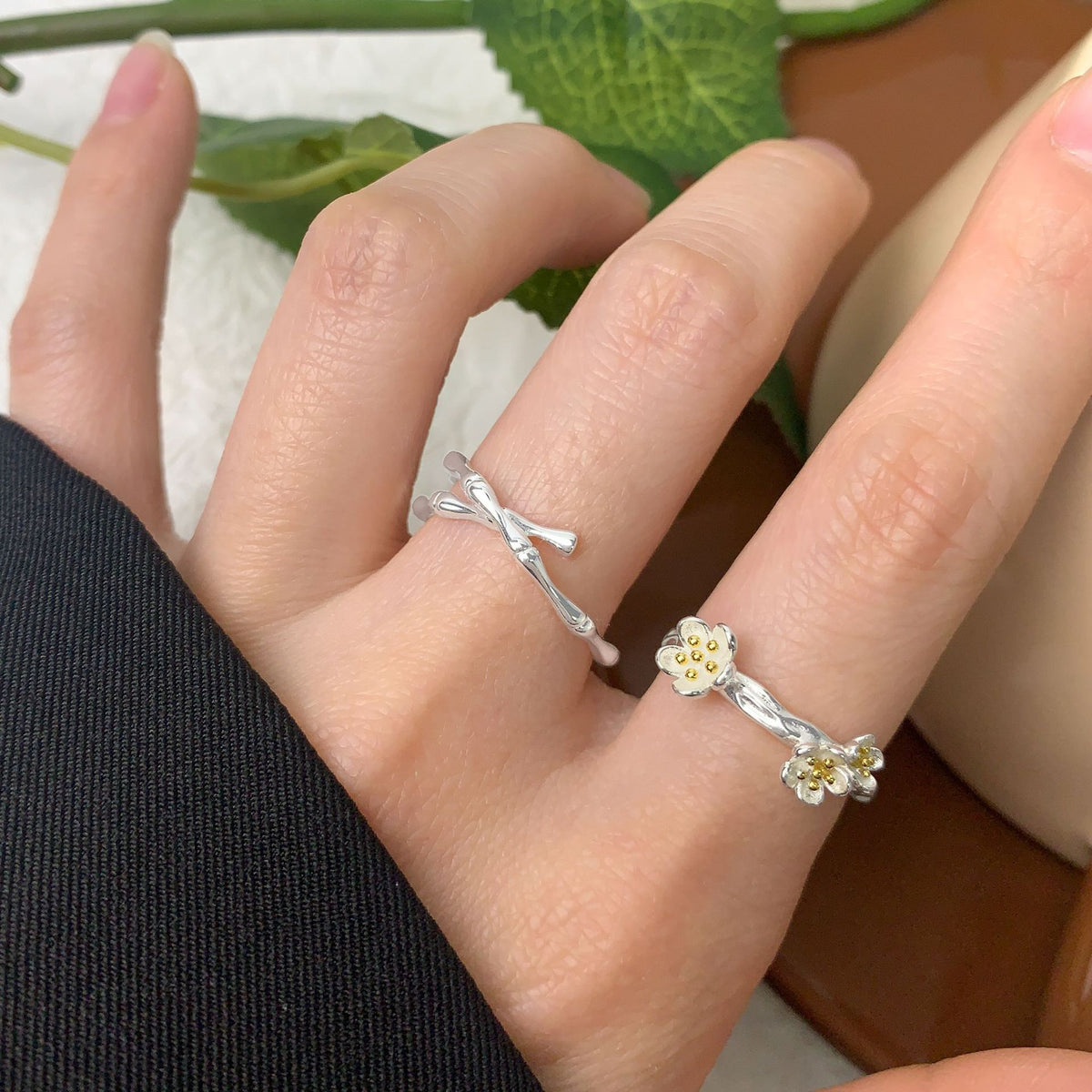 Elegant Bamboo Joint Cross 925 Sterling Silver Adjustable Ring