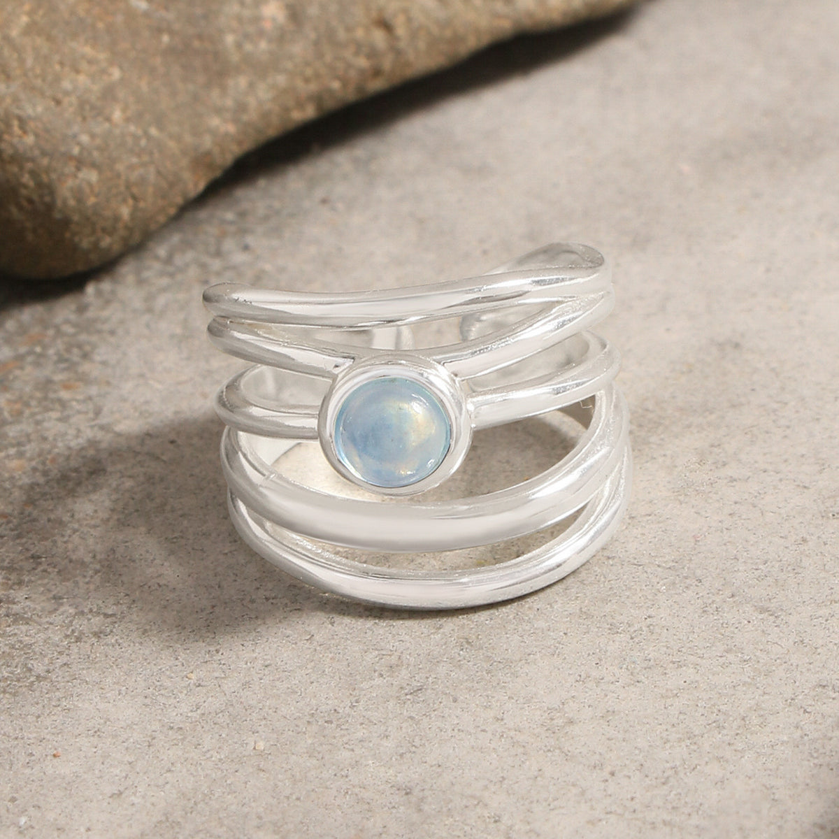 Multi Layers Rond Natural Aquamarine 925 Sterling Silver Adjustable Ring