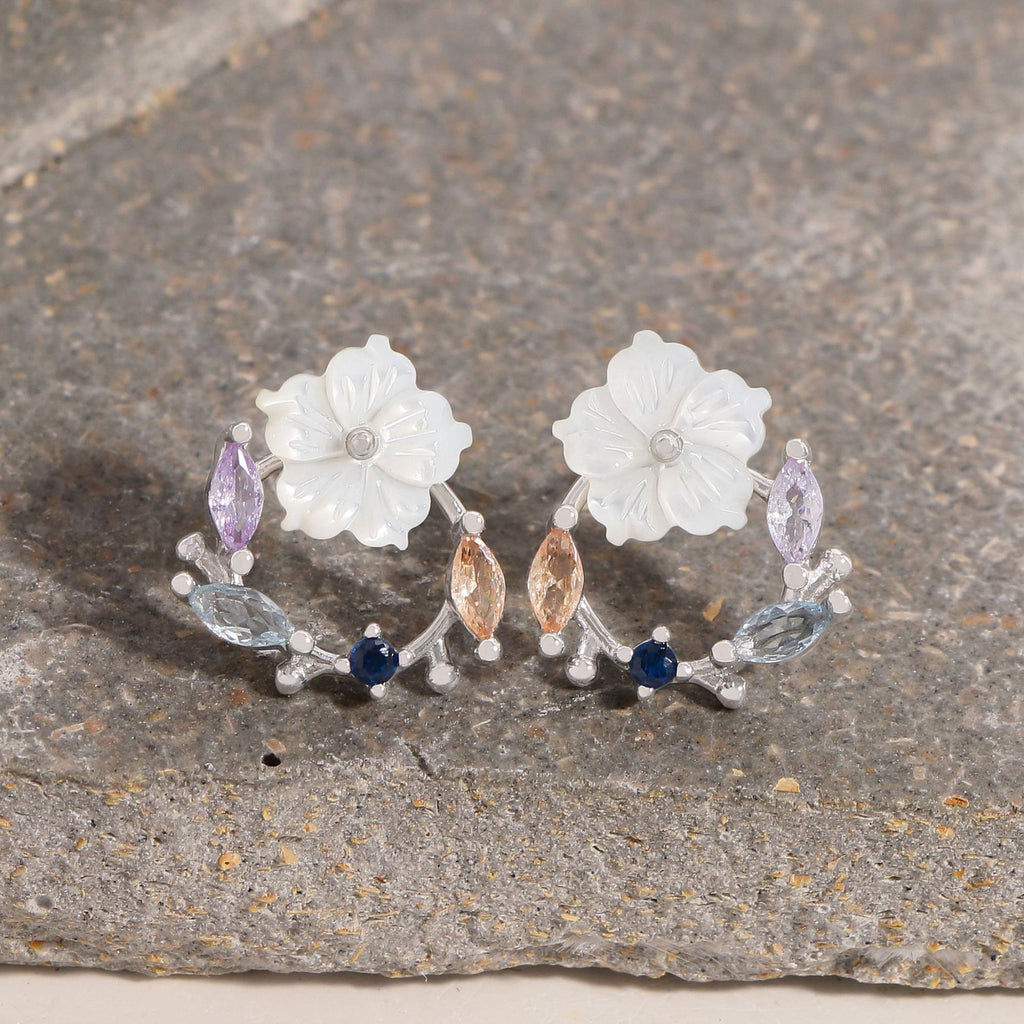 Beautiful Shell Flower CZ Garland 925 Sterling Silver Stud Earrings